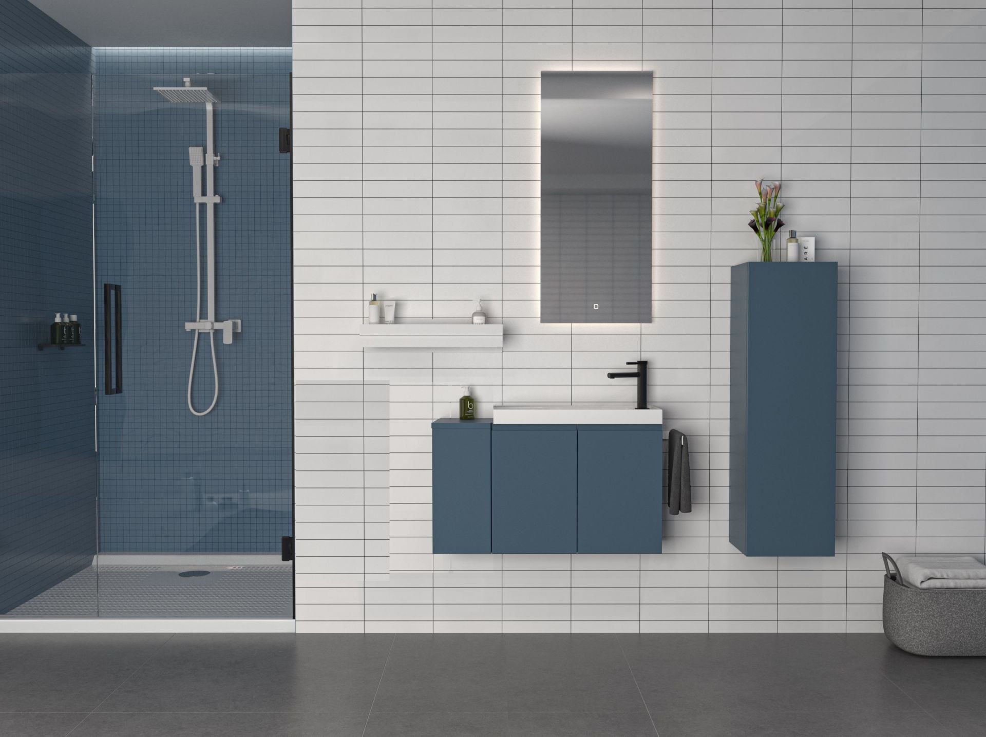 Orka Ferla 80 Banyo Dolabı + Boy Dolabı 30 Mavi (Boy Dolabı Dahildir) Mat Antrasit Lake