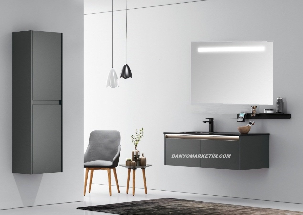Orka Lisbon 110 Banyo Dolabı Antrasit (100x65 Led Aynalı) (Etajer Hariç) (Boy Dolabı Hariç) Mat Antrasit Lake