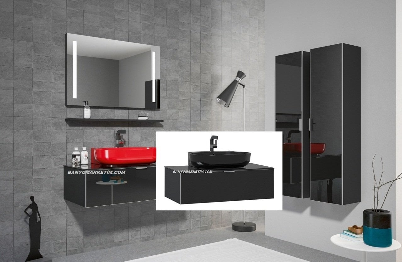 Orka Yalıköy 90 Banyo Dolabı Siyah (Siyah Lavabolu) + Boy Dolabı 30 ( Boy Dolabı Dahil 1 Ad.) Siyah - Beyaz Lavabolu