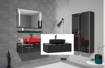 Orka Yalıköy 90 Banyo Dolabı Siyah (Siyah Lavabolu) (Boy Dolapları Hariçtir) Siyah - Beyaz Lavabolu