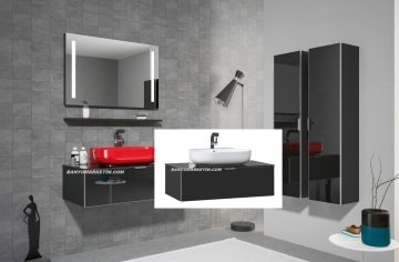 Orka Yalıköy 90 Banyo Dolabı Siyah (Beyaz Lavabolu) + Boy Dolabı 30 ( Boy Dolabı Dahil 2 Ad.) Siyah - Beyaz Lavabolu
