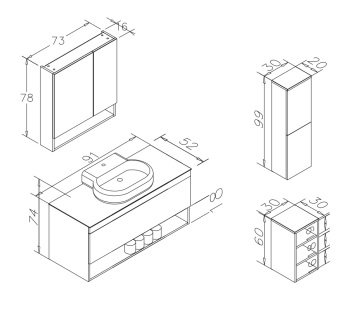 Orka Knidos 90+30 Banyo Dolabı Navaro ( Dolaplı Aynalı ) (Kırmızı Lavabolu) ( Alt ve Üst Yan Boy Dolapları Dahildir ) Beyaz - Beyaz Lavabolu