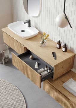 Orka Lentia 160 Banyo Dolabı Meşe + Alt Yan Dolap 100 Meşe + Boy Dolabı 40 Meşe (Alt Yan Dolap 100 Gri ve Boy Dolabı 40 Meşe Dahildir)