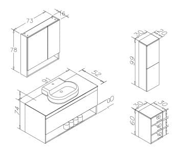Orka Knidos 90+30 Banyo Dolabı Navaro ( Dolaplı Aynalı ) (Siyah Lavabolu) ( Alt ve Üst Yan Boy Dolapları Dahildir )
