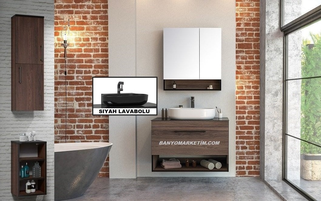 Orka Knidos 90+30 Banyo Dolabı Navaro ( Dolaplı Aynalı ) (Siyah Lavabolu) ( Alt ve Üst Yan Boy Dolapları Dahildir )