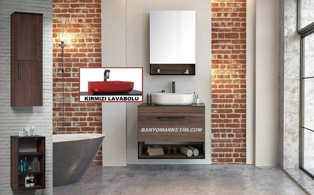 Orka Knidos 70+30 Banyo Dolabı Navaro ( Dolaplı Aynalı ) (Kırmızı Lavabolu) ( Alt ve Üst Yan Boy Dolapları Dahildir )