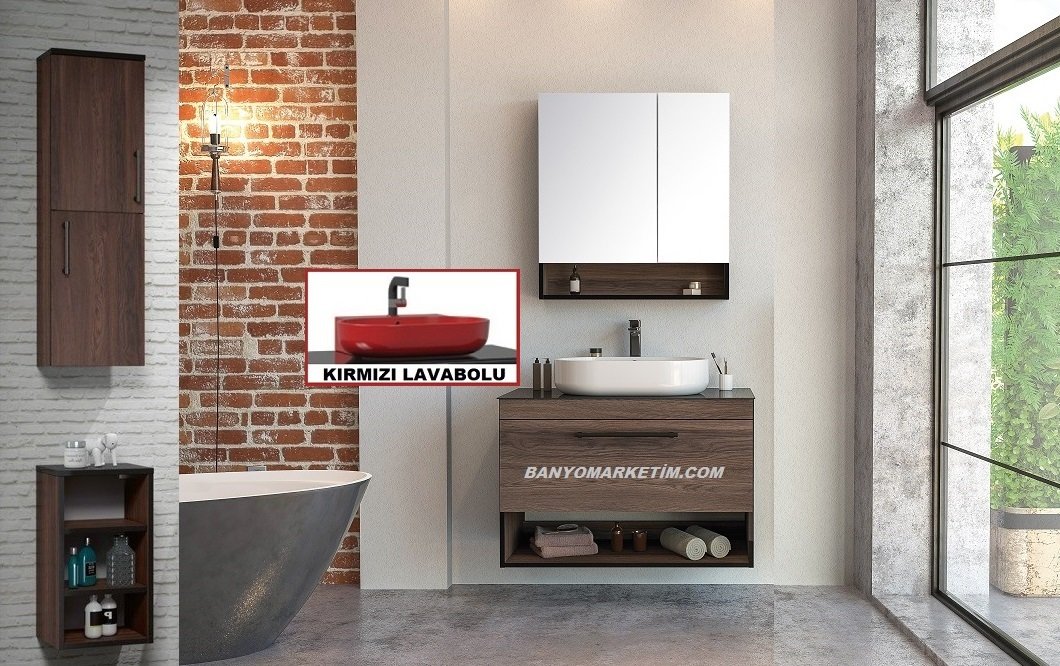 Orka Knidos 70+30 Banyo Dolabı Navaro ( Dolaplı Aynalı ) (Kırmızı Lavabolu) ( Alt ve Üst Yan Boy Dolapları Dahildir ) Beyaz - Beyaz Lavabolu