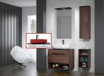Orka Knidos 70+30 Banyo Dolabı Navaro (Kırmızı Lavabolu) ( Alt ve Üst Yan Boy Dolapları Dahildir ) Beyaz - Beyaz Lavabolu