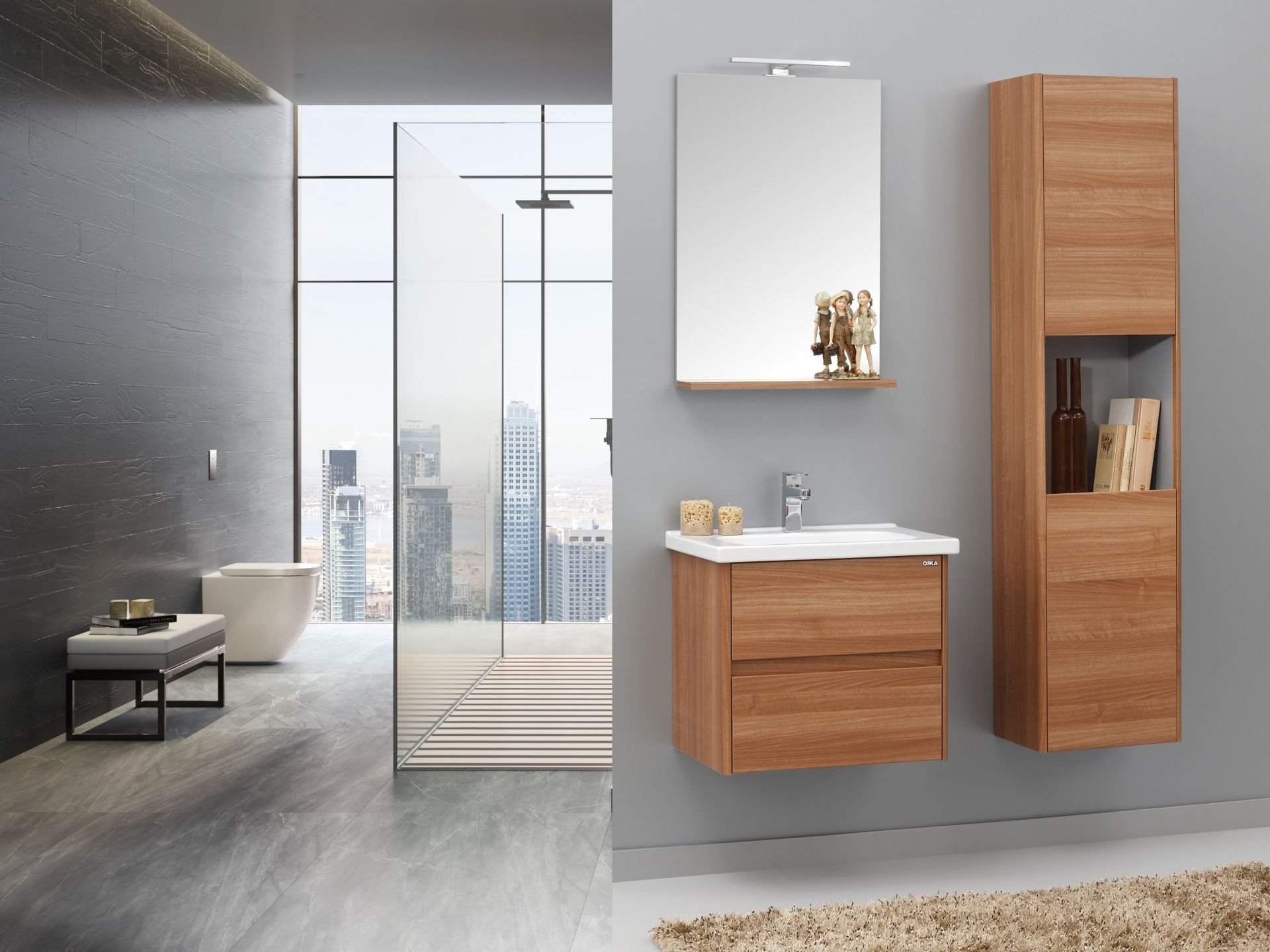 Orka Düden 65 Banyo Dolabı ( Çekmeceli ) + Boy Dolabı 40 Teak ( Boy Dolabı Dahildir )