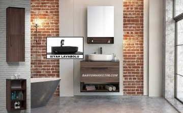 Orka Knidos 70+30 Banyo Dolabı Navaro ( Dolaplı Aynalı ) (Siyah Lavabolu) ( Alt ve Üst Yan Boy Dolapları Dahildir ) Beyaz - Beyaz Lavabolu
