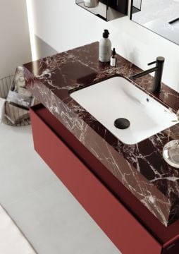 Orka Levanto 120 Banyo Dolabı ( Mat Vişne / Mermer Tezgahlı ) + Cam Raf 15 Füme ( Boy Dolabı 40 Hariçtir / Cam Raf 15 Dahildir )