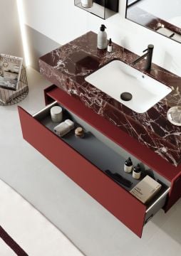 Orka Levanto 120 Banyo Dolabı ( Mat Vişne / Mermer Tezgahlı ) + Cam Raf 15 Füme ( Boy Dolabı 40 Hariçtir / Cam Raf 15 Dahildir )