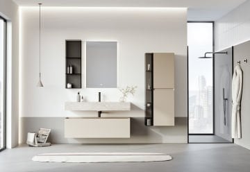 Orka Levanto 120 Banyo Dolabı ( Mat Bej / Porselen Tezgahlı ) + Boy Dolabı 40 Mat Bej + Cam Raf 15 Füme ( Boy Dolabı 40 ve Cam Raf 15 Dahildir )