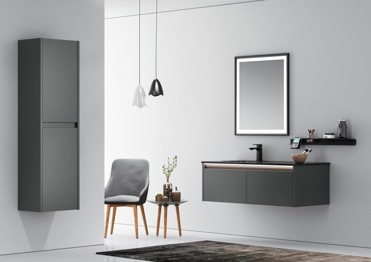 Orka Lisbon 110 Banyo Dolabı Antrasit (Style 65x75 Led Aynalı) (Etajer Hariç) (Boy Dolabı Hariç)