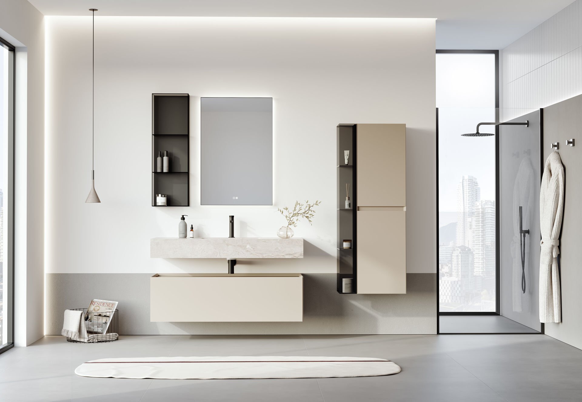 Orka Levanto 120 Banyo Dolabı ( Mat Bej / Porselen Tezgahlı ) ( Boy Dolabı 40 ve Cam Raf 15 Hariçtir )