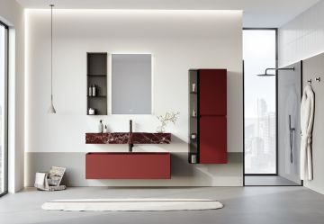 Orka Levanto 100 Banyo Dolabı ( Mat Vişne / Mermer Tezgahlı ) + Boy Dolabı 40 Mat Vişne + Cam Raf 15 Füme ( Boy Dolabı 40 ve Cam Raf 15 Dahildir )