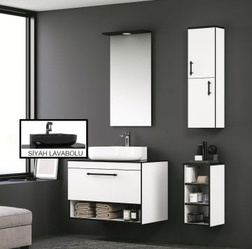 Orka Knidos 70+30 Banyo Dolabı Beyaz (Siyah Lavabolu) ( Alt Yan Boy Dolabı Dahildir - Üst Asma Yan Boy Dolabı Hariçtir ) Beyaz - Beyaz Lavabolu
