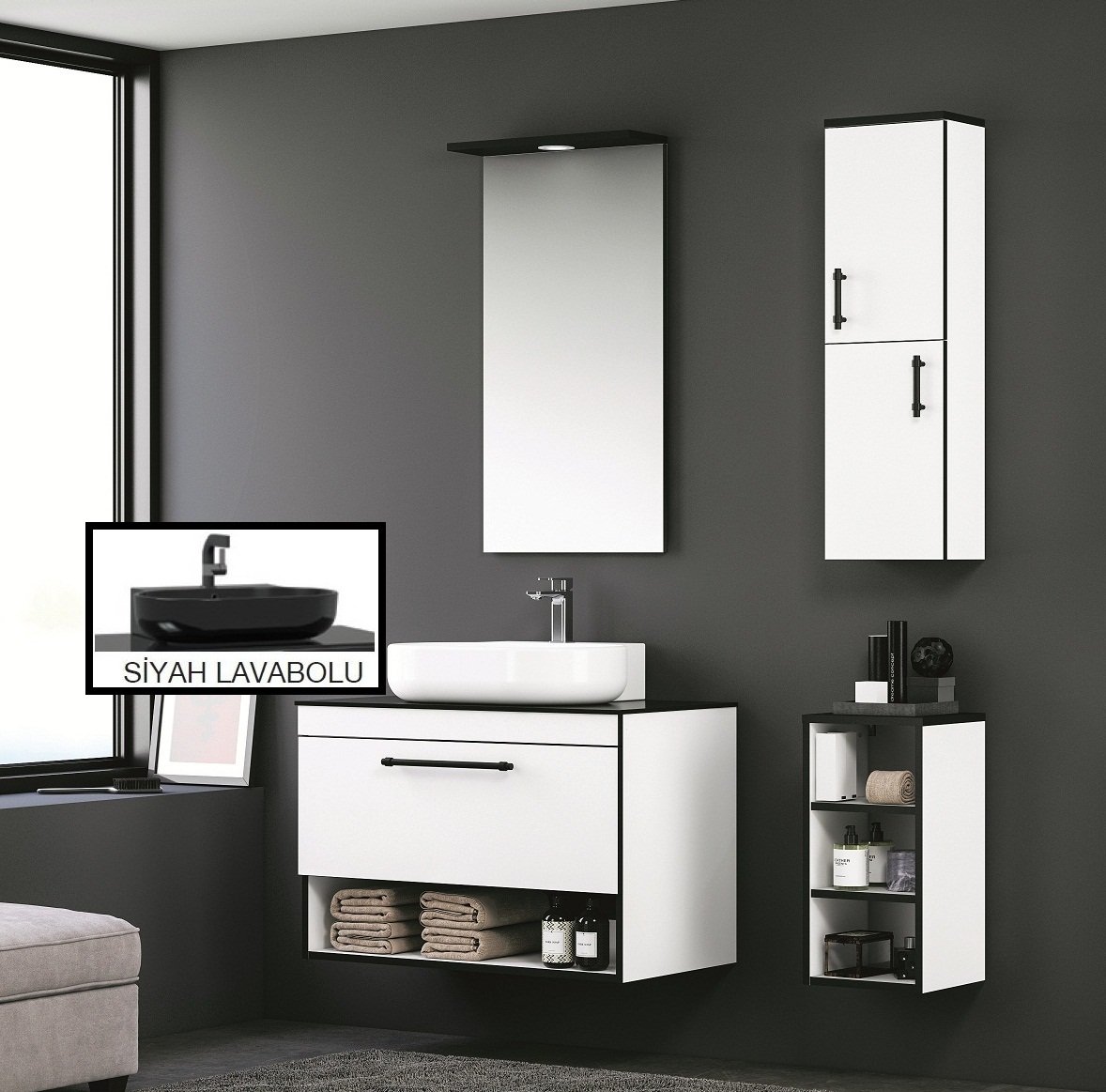 Orka Knidos 70+30 Banyo Dolabı Beyaz (Siyah Lavabolu) ( Üst Asma Yan Boy Dolabı Dahildir - Alt Yan Boy Dolabı Hariçtir ) Beyaz - Beyaz Lavabolu