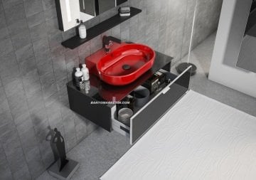 Orka Yalıköy 90 Banyo Dolabı Siyah (Kırmızı Lavabolu) (Boy Dolapları Hariçtir)