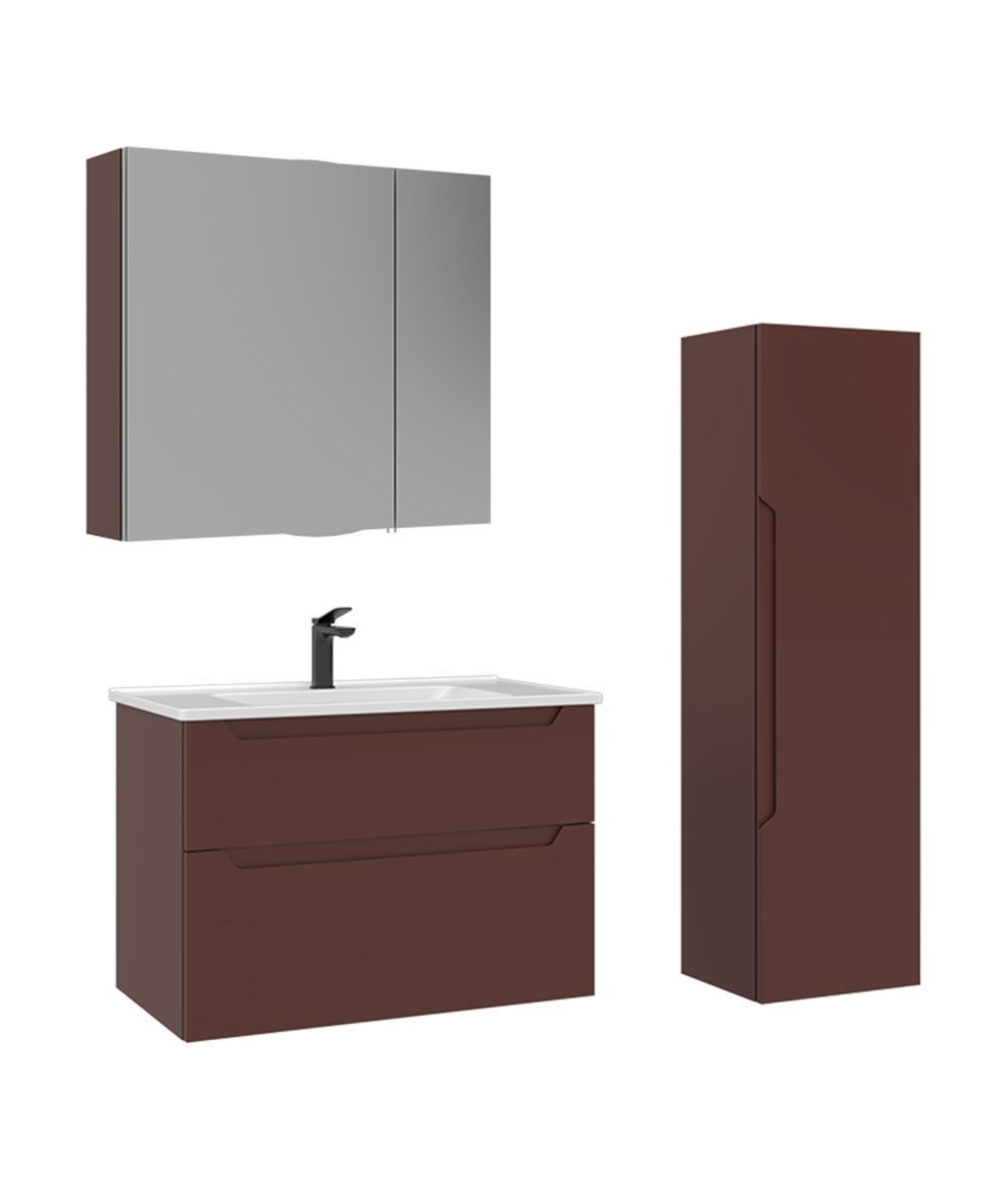 Orka Messina 85 Banyo Dolabı (Dolaplı Aynalı) + Boy Dolabı 40 Mat Tuscan Kırmızı ( Boy Dolabı Dahildir )