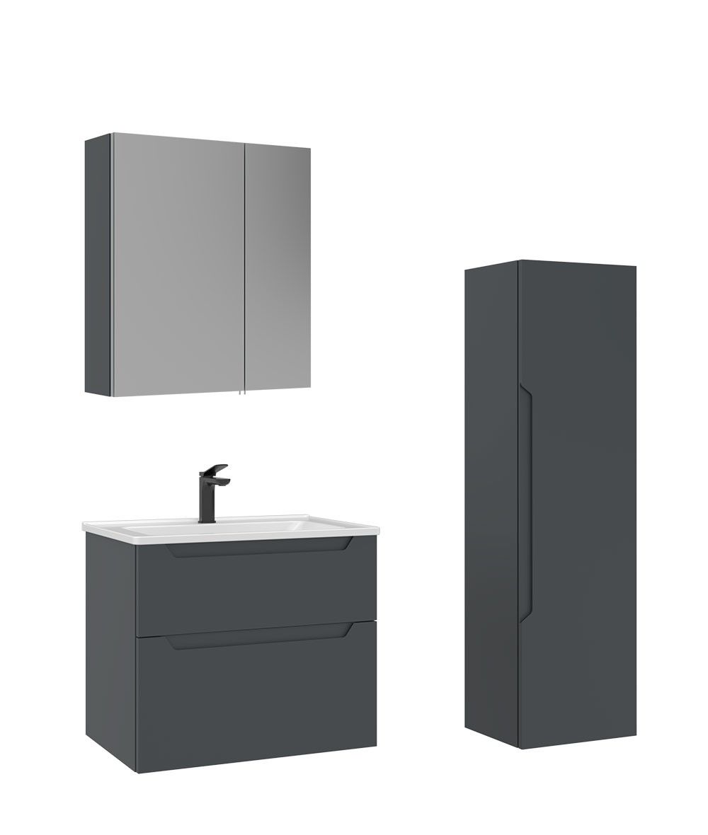 Orka Messina 65 Banyo Dolabı (Dolaplı Aynalı) + Boy Dolabı 40 Mat Antrasit ( Boy Dolabı Dahildir )